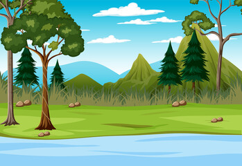 Plakat Scene with trees and river in the field