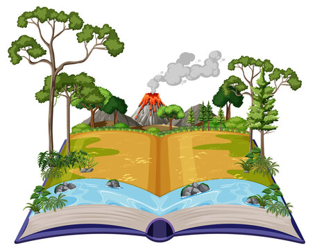Book with scene of volcano erupting