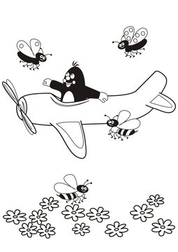 mole and plane, flowers  on meadow  - coloring book, vector illustration