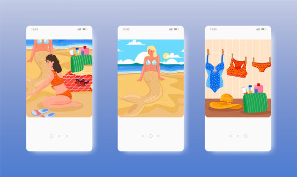 Girl making sand mermaid. Summer beach vacation. Mobile app screens, vector website banner template. UI, web site design