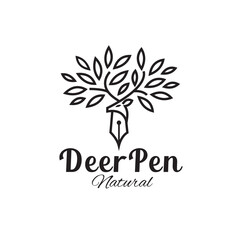 Deer illustration logo modern line style leaf antler pen symbol
