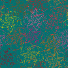 Seamless pattern, abstract contours of flowers on a turquoise background
