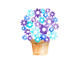 青色と紫色の花　花鉢　水彩画