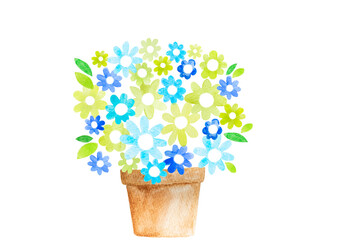 青色と緑色の花　花鉢　水彩画