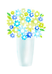 青と緑色の花　花束　水彩画