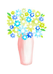青と緑色の花　花束　水彩画