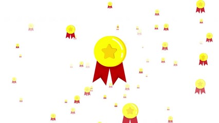 4K 3D Flying Particle golden Medal Animated Pattern Design. Champion and top medals. Texture Animation Design. Moving gold medals with satin red ribbons. Best, e-commerce, featured, selling, top icon. - Powered by Adobe