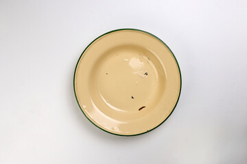 Enamel tin metal food plate pot bowl retro vintage tableware dinnerware on white background top view