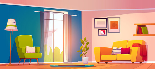 Living room with sofa and armchair. Vector cartoon illustration of cozy lounge interior with couch with pillows, chair, floor lamp, shelf with books, carpet and pictures on wall