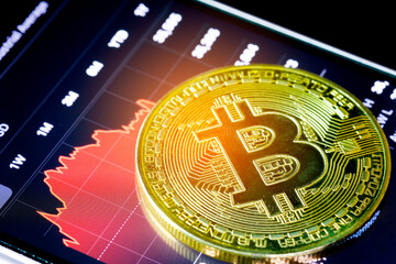Bitcoin Stock Growth and Cryptocurrency Market Trends investing in digital assets and the chart showing the huge rise in bitcoin price. blockchain concept