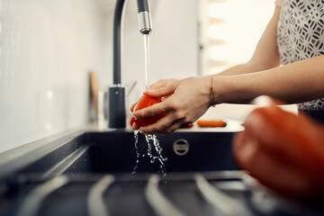 Close up of a housewife washing tomato in kitchen sink.