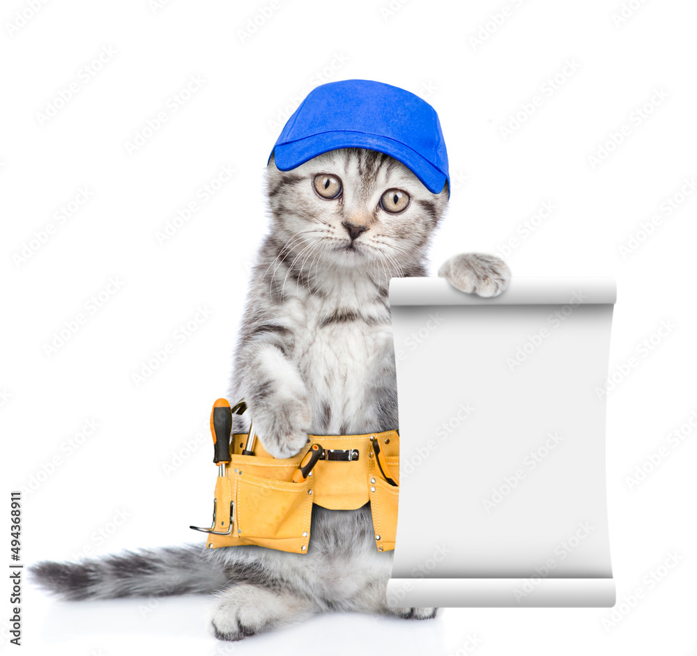 Poster funny cat wearing blue cap and toolbelt holds empty list. isolated on white background