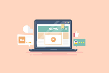 Online news portal on laptop screen, native ads on news website, press release, content,  digital communication concept, flat design web banner.