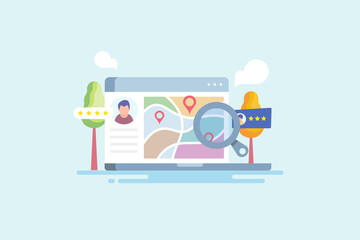 Local seo, find business near location, local shop customer review on search engine, web page visibility increase in local search result. Flat design web banner template.