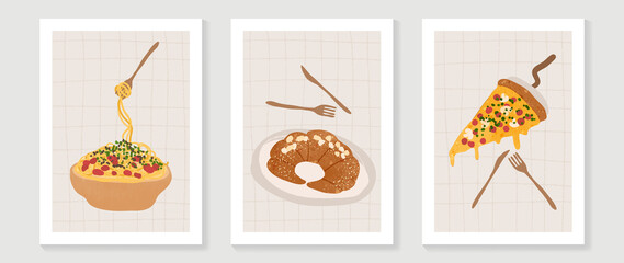 Food and bakery wall art vector set. Hand drawn doodle design with Spaghetti, Croissant and Pizza. Illustration for prints, wallpaper, cover, restaurant picture decoration.  