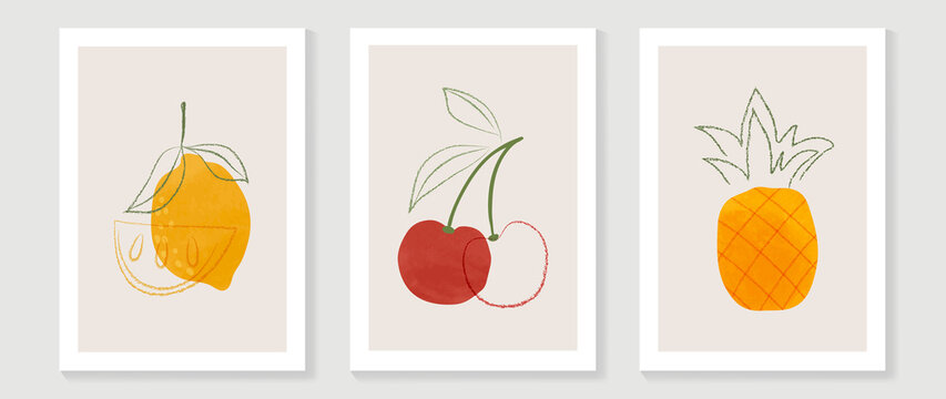 Abstract fruit wall art set. Collection of minimal drawing with branches, oranges, Pineapple and Cherry . Spring season watercolor perfect for decoration, interior, background, wallpaper.