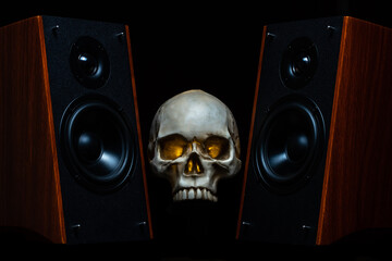 Human skull and audio speakers
