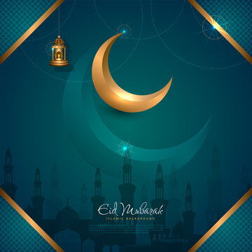 Elegant golden crescent for islamic greeting design on green background, Eid Mubarak, Eid Fitr, Ramadan Kareem