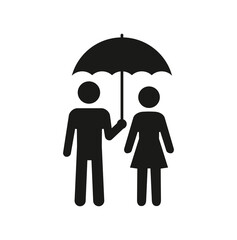 Infographics. A man and a woman stand under an umbrella. The umbrella protects the couple from bad weather.