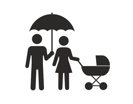 Infographics. A married couple with a pram stand under an umbrella. An umbrella protects the family from bad weather.