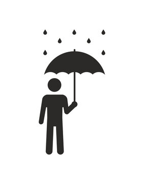 Infographics. A man stands under an umbrella. An umbrella protects a man from bad weather. Raindrops fall on an umbrella.