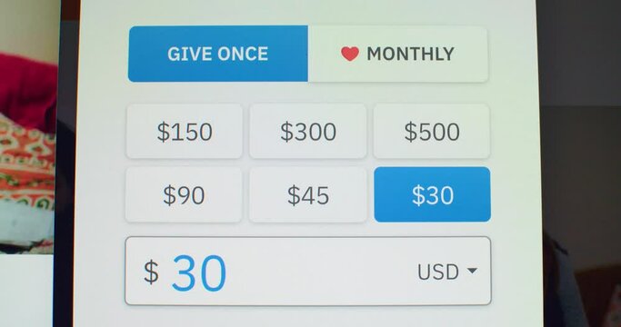 Macro video shot of cursor clicking button with donation on device screen. Faceless person sending money to charity online on website. Mock up digital banking application concept
