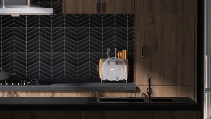 Realistic Interior 3D render, Modern kitchen with black granite top, graphic pattern wall tile,...
