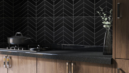 Realistic Interior 3D render, Modern kitchen, granite countertop, black graphic pattern wall tiles,...