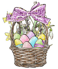 Cute Happy Easter eggs basket cartoon illustration