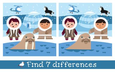 Cute children and animals of North. Find 7 differences. Game for children. Hand drawn full color illustration. Vector flat cartoon picture.