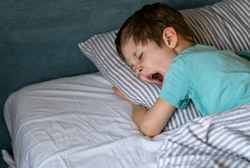 Closeup boy sleeping peacefully. Little baby napping in the nursery. Adorable little child boy sleeping in the bed. Sweet toddler child dreaming at home. Little boy sleeping. Sleeping child in bed.