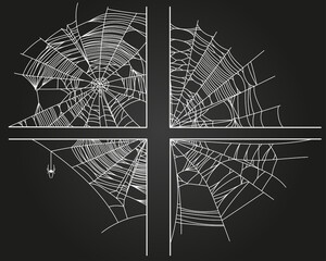 Spider web corners isolated on black background. Scary cobweb outline decor. Vector design elements for Halloween, horror, ghost or monster party, invitation and posters.