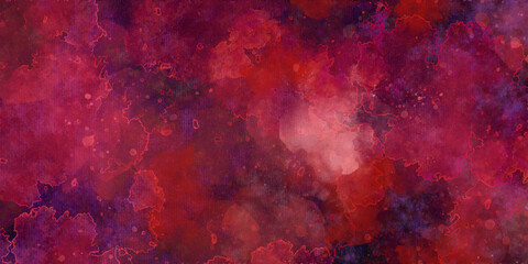 Abstract red Watercolor painted background with blots and splatters. Colorful cloud abstract on red and purple background.