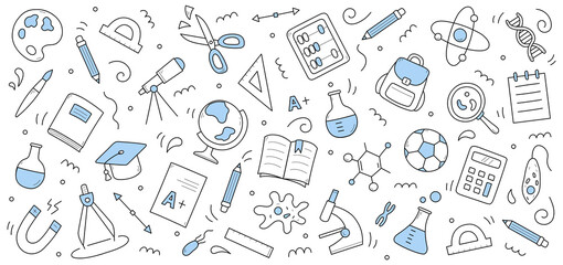 School and science doodle background with education signs. Line art vector protractor, globe, test. Pencil, backpack and chemical beakers, paints, palette, academic cap, compass, cells and abacus - obrazy, fototapety, plakaty