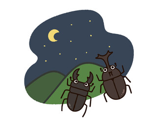 山の景色と夏の昆虫　夜　カブトムシ　クワガタムシ