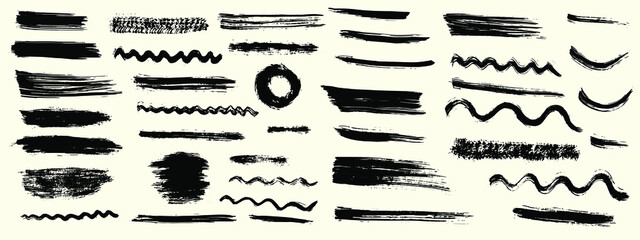 Grunge vector dry paint brush strokes. Isolated, hand drawn collection