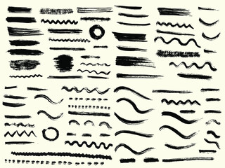 Grunge vector dry paint brush strokes. Isolated, hand drawn collection