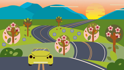 Bright green car on a winding road that leads to horizon. Spring family road trip concept