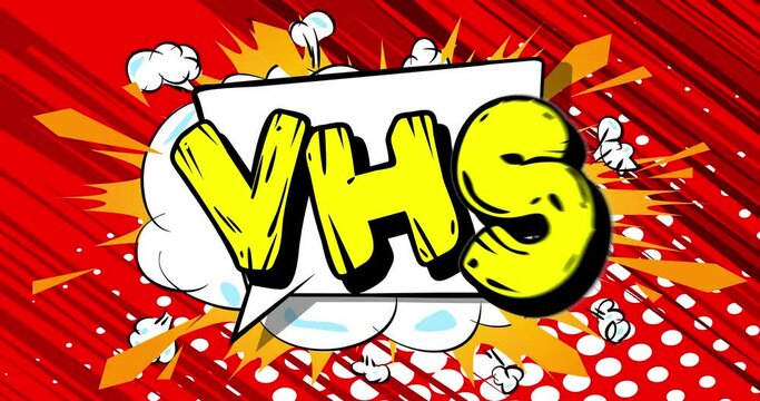 VHS. Motion poster. 4k animated Comic book word text moving on abstract comics background. Retro pop art style. Video cassette, retro home cinema title, television industry concept.