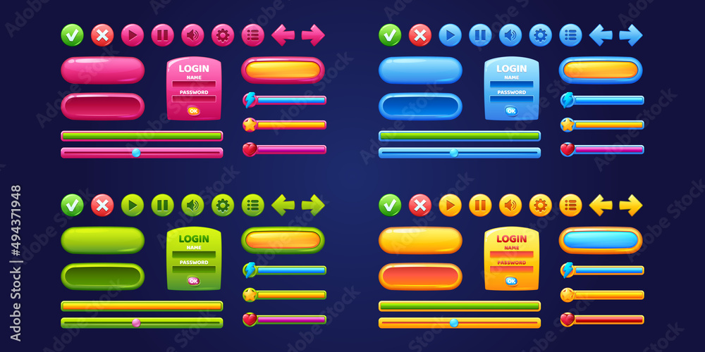 Poster game design interface with glossy buttons and panels. vector cartoon set of ui elements different co