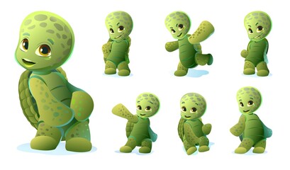 Set of Little turtle. Cartoon person stands and smiles. Fun style. Child animal. Pet kid. Isolated on white background. Vector © WebPAINTER-Std