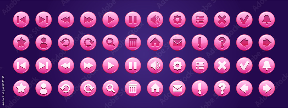 Aufkleber glossy circle buttons with icons for website or user interface design in game. vector cartoon set of