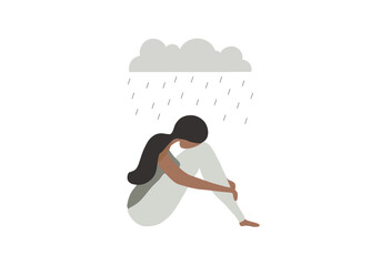 Sad, unhappy young woman sitting under rain cloud vector illustration. Unhappy and stressed, psychology, mental health, depression concept
