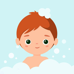 Funny boy in soap suds. Cartoon design.
