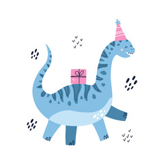 Dinosaur with a present. HAnd drawn vector illustration. Happy birthday concept