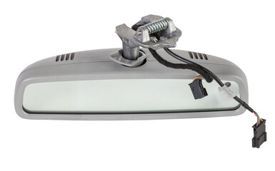 Close-up on a rear view mirror from a sedan for repair and replacement after an accident in a workshop. Auto service industry. Spare parts catalog