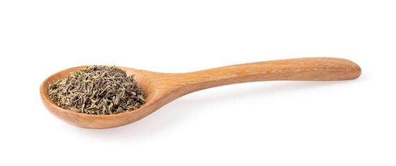 Dried Thyme in wood spoon isolated on white