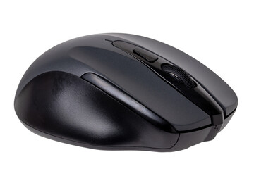 Wireless black computer mouse isolated on a white background. Home office, remote work during...
