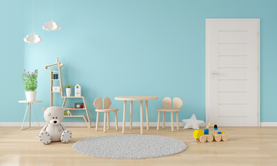 Chair and table in blue child room interior with copy space, 3D rendering