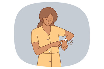 Obraz premium Smiling woman look at smartwatch on hand. Happy African American girl check time on smart watch on wrist. Modern technology concept. Flat vector illustration, cartoon character. 